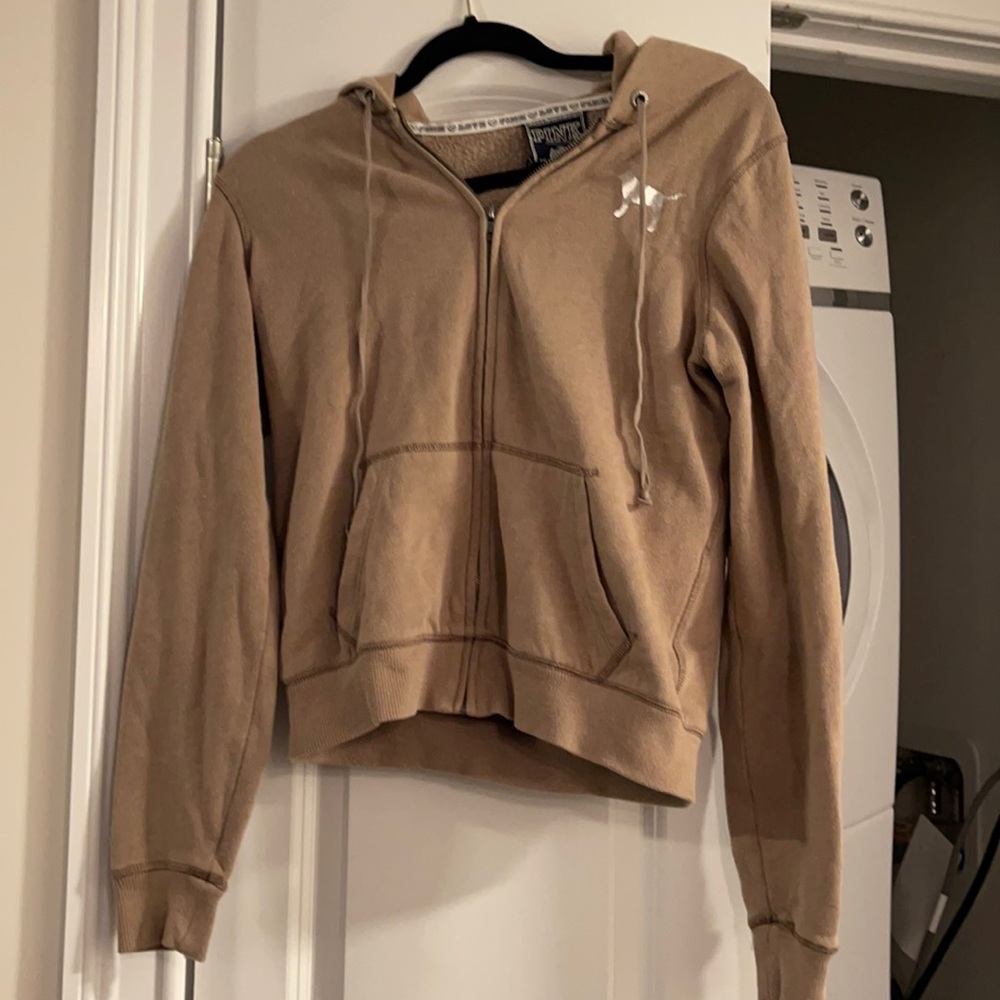 Pink Victoria Secrets tan with pink foil logo love on back medium hoodie